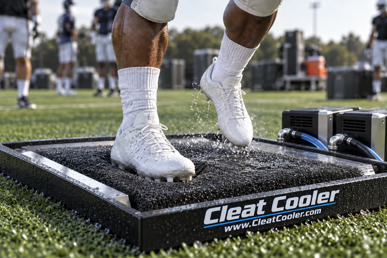Football players using the Cleat Cooler tray on the practice field