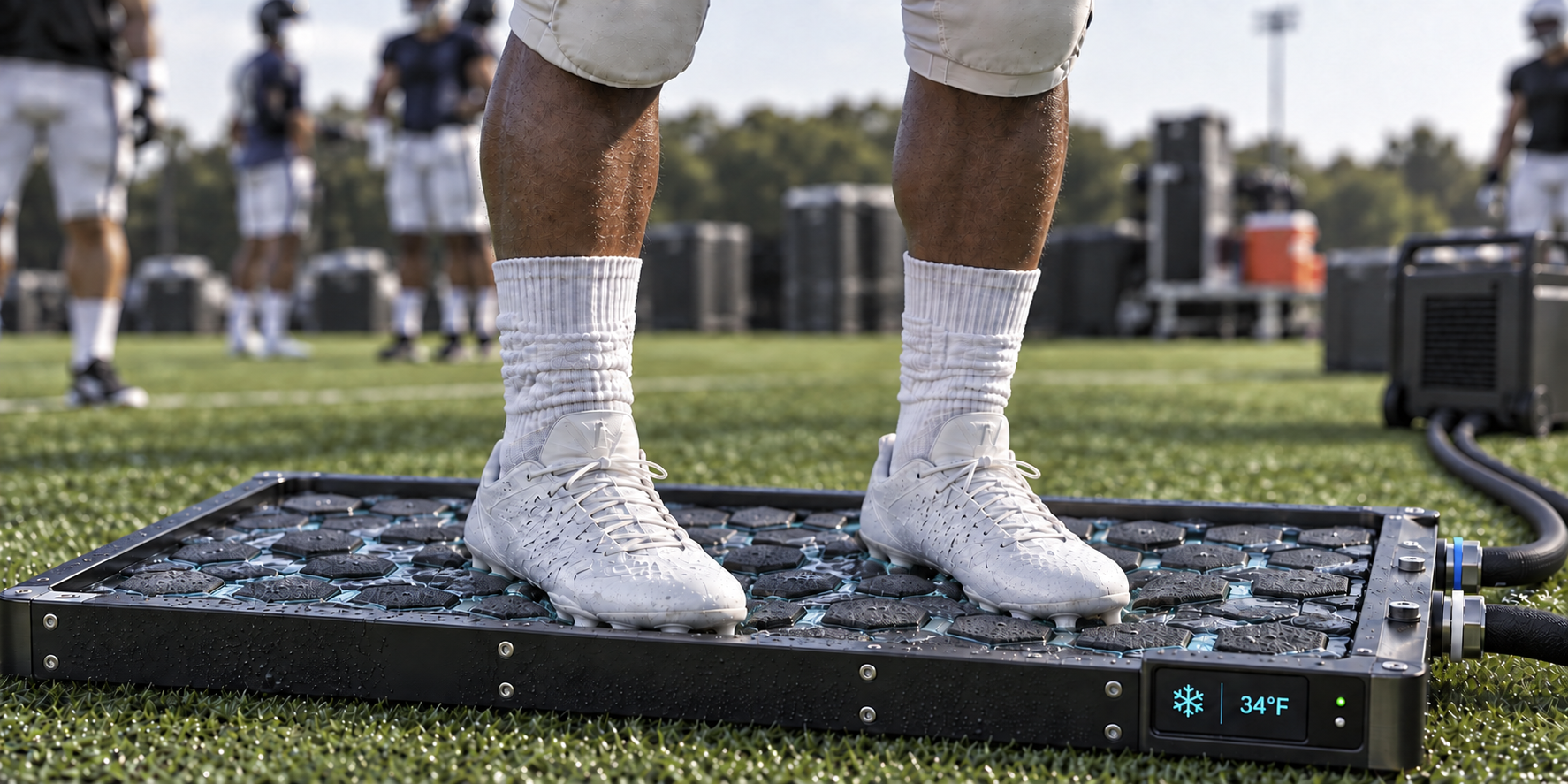 Football player cooling white cleats on the Cleat Cooler tray