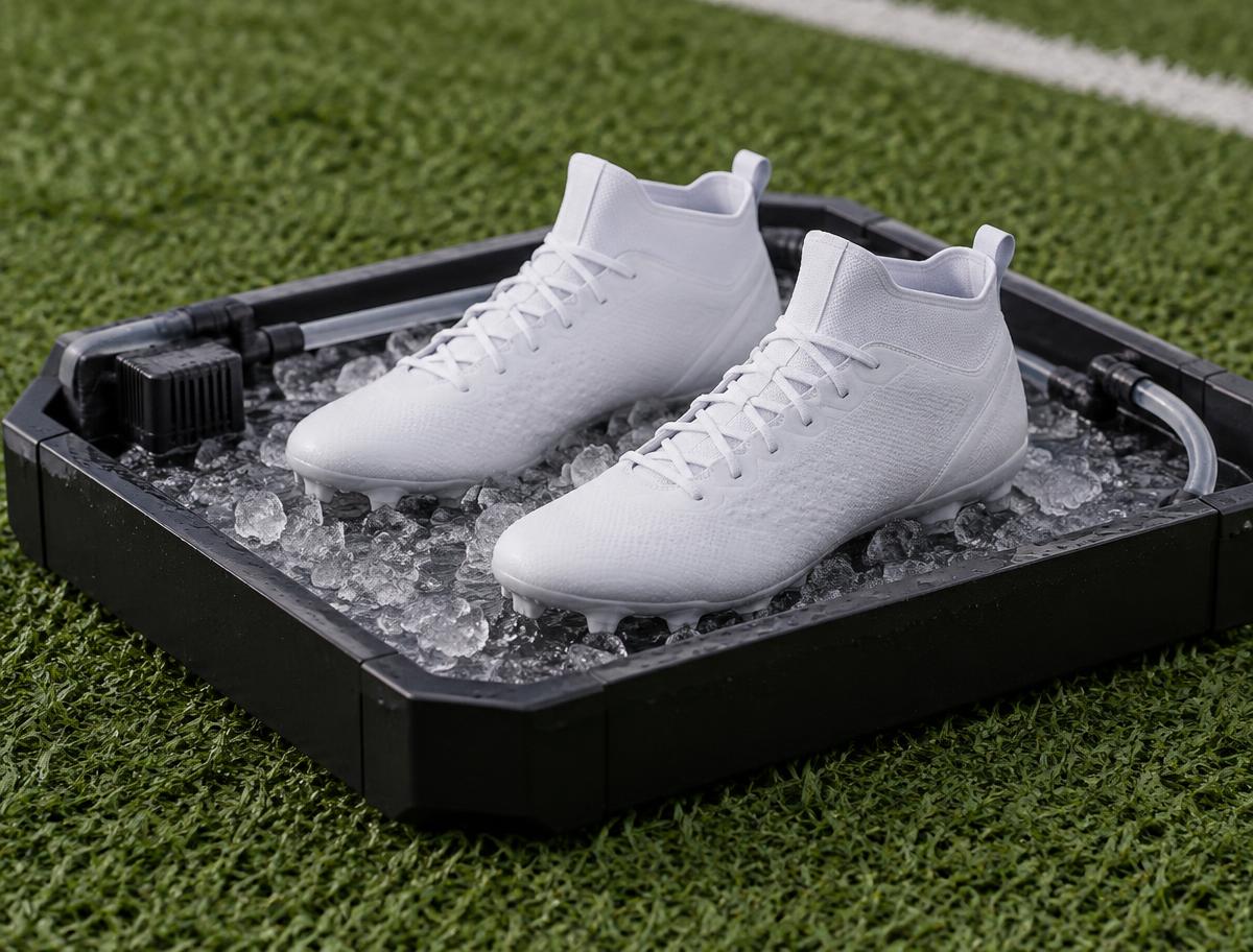 Cleat Cooler tray with slushy ice water on artificial turf