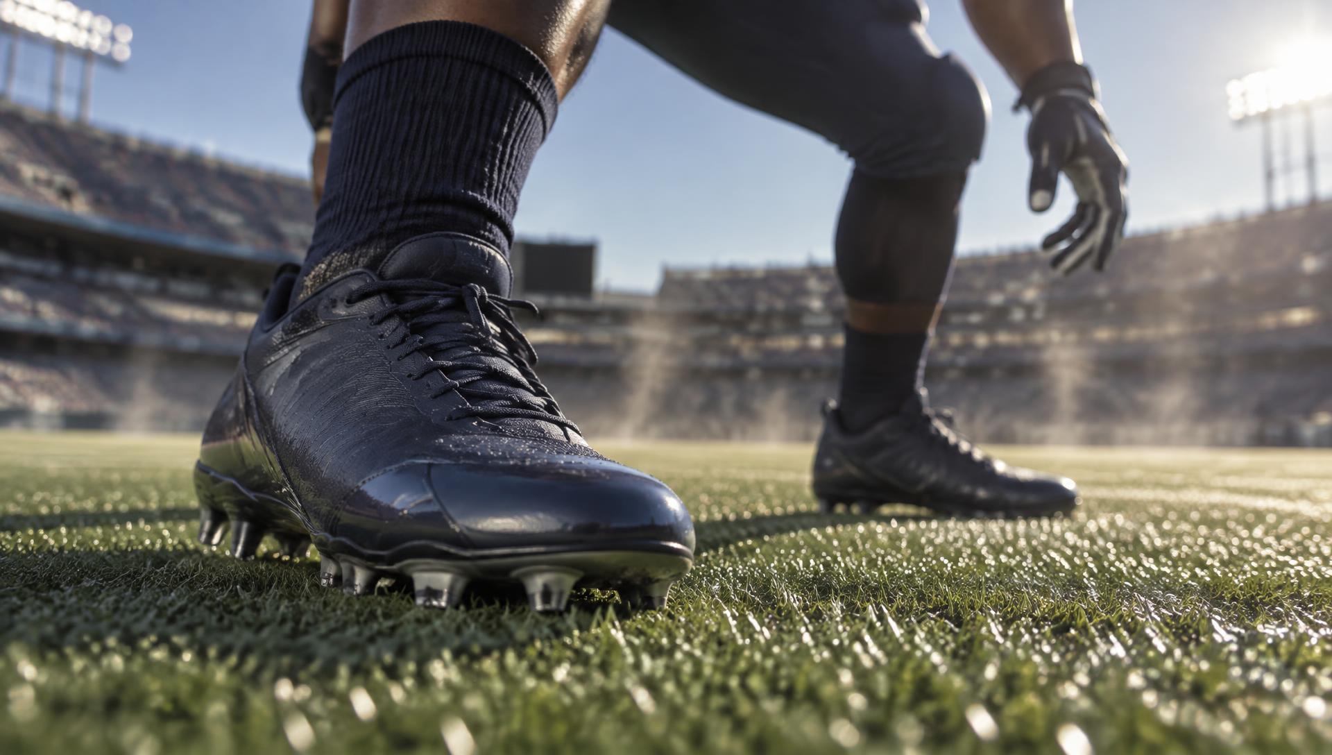 Football player on artificial turf with cleats in focus