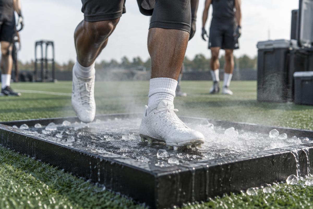 Football player stepping onto the Cleat Cooler tray